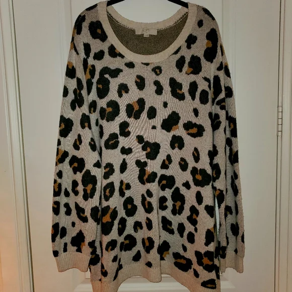 Loft Plus Cheetah Sweater, 24/26, crew neck, Beige/Brown/Black - Picture 1 of 5